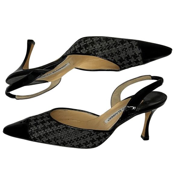 Manolo Blahnik Carolyne Slingback Woven Gray Black Pumps Size 36.5 Heels - Picture 6 of 12